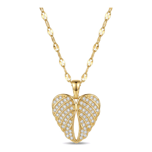 Gold CZ Angel Wing Heart Pendant Necklace | Stainless Steel Chain