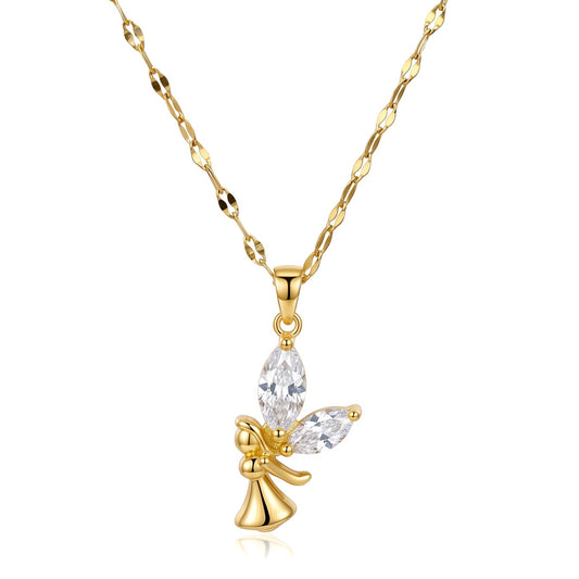 Angel Girl CZ Pendant Necklace 18K Gold Plated Stainless Steel Chain