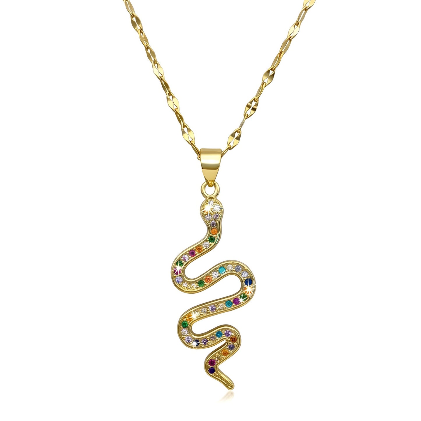 Gold Rainbow CZ Snake Charm Necklace | Stainless Steel Chain