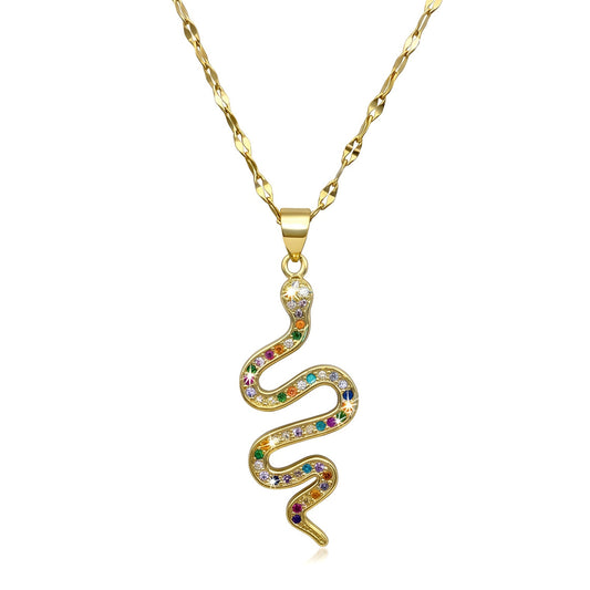Gold Rainbow CZ Snake Charm Necklace | Stainless Steel Chain