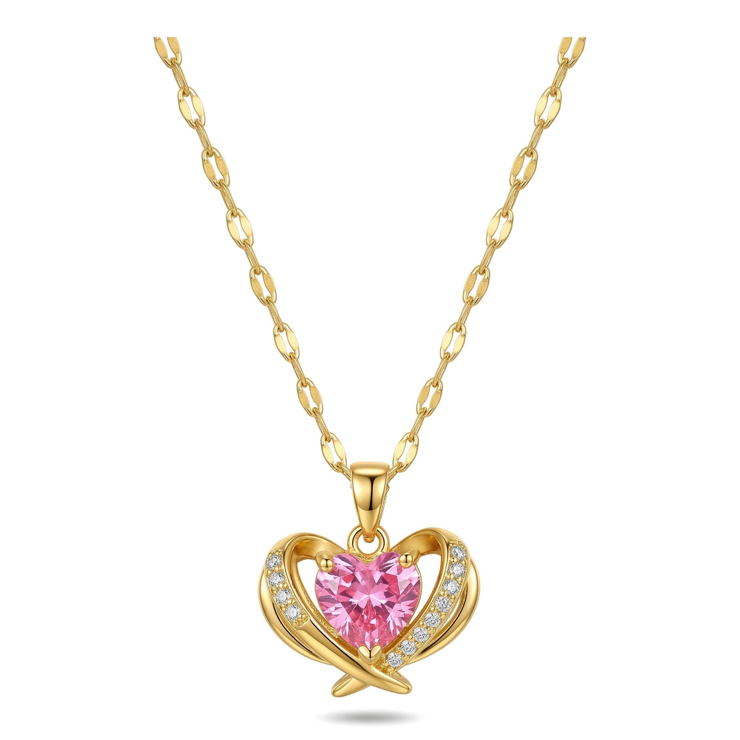 Wholesale Gold Plated Stainless Steel Pink Zircon Heart Pendant Necklace