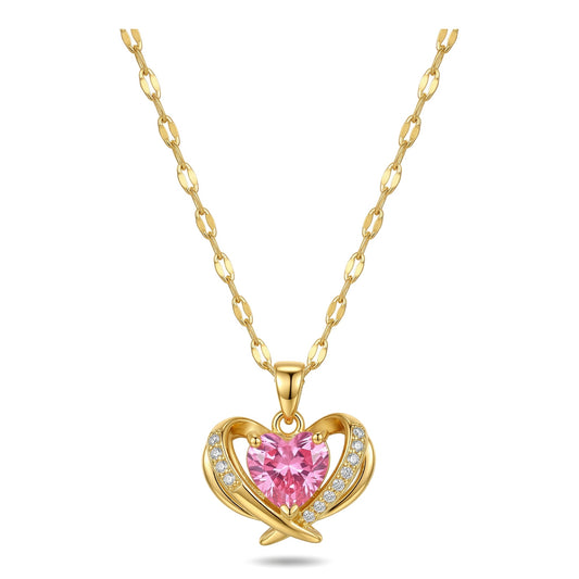 Wholesale Gold Plated Stainless Steel Pink Zircon Heart Pendant Necklace