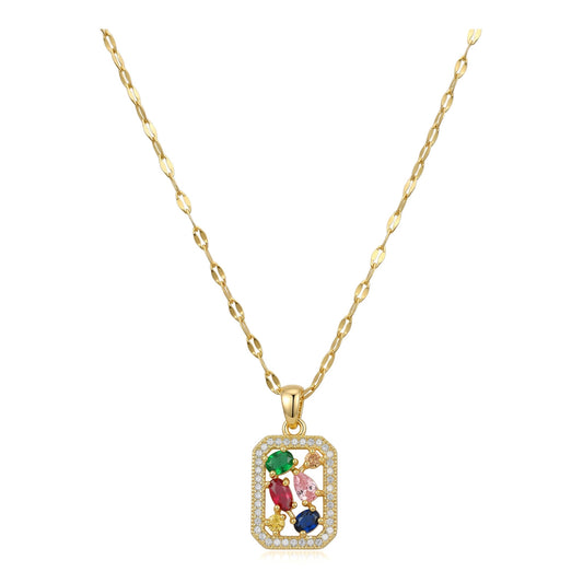 Wholesale Gold Plated Stainless Steel Square Zircon Pendant Necklace