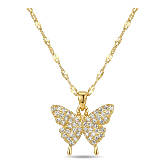 Wholesale Gold Plated Stainless Steel Butterfly Zircon Pendant Necklace