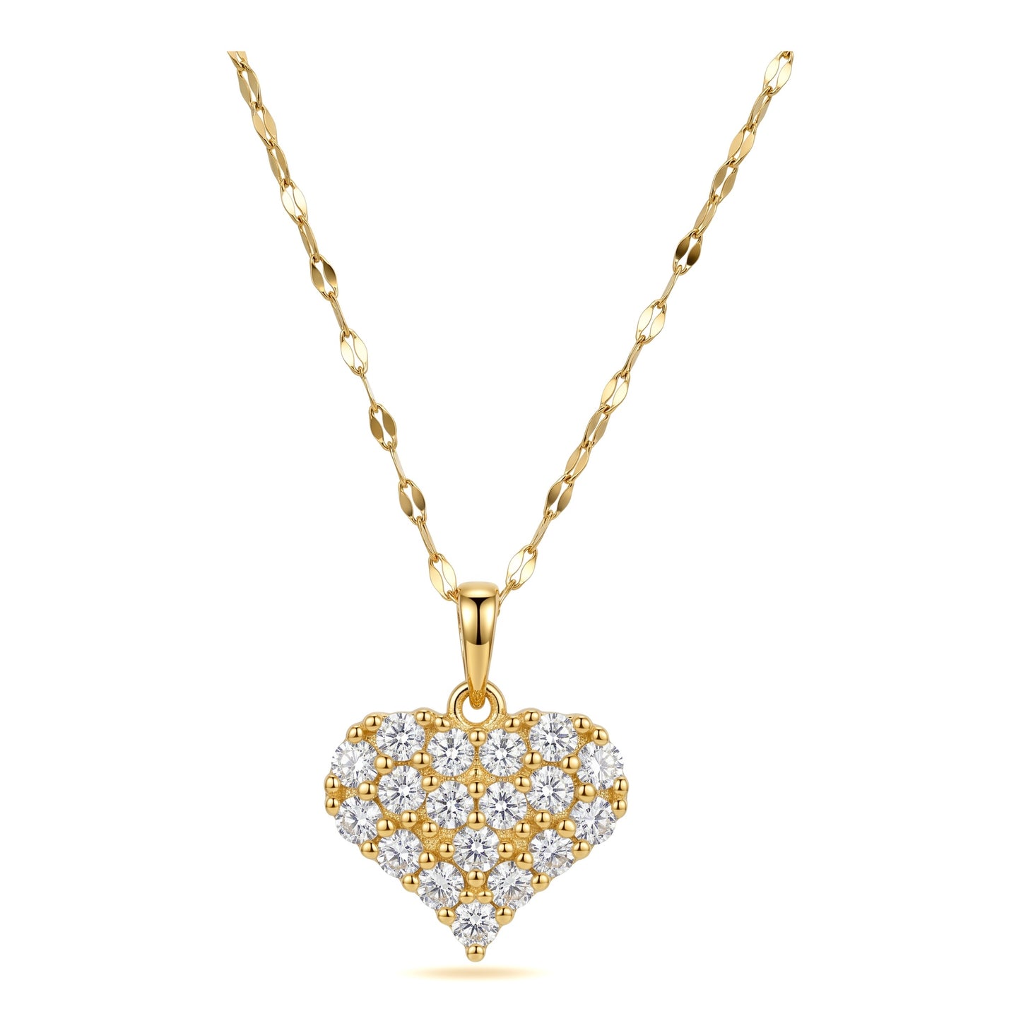 Gold Pave CZ Crystal Puffy Heart Pendant Stainless Steel Necklace