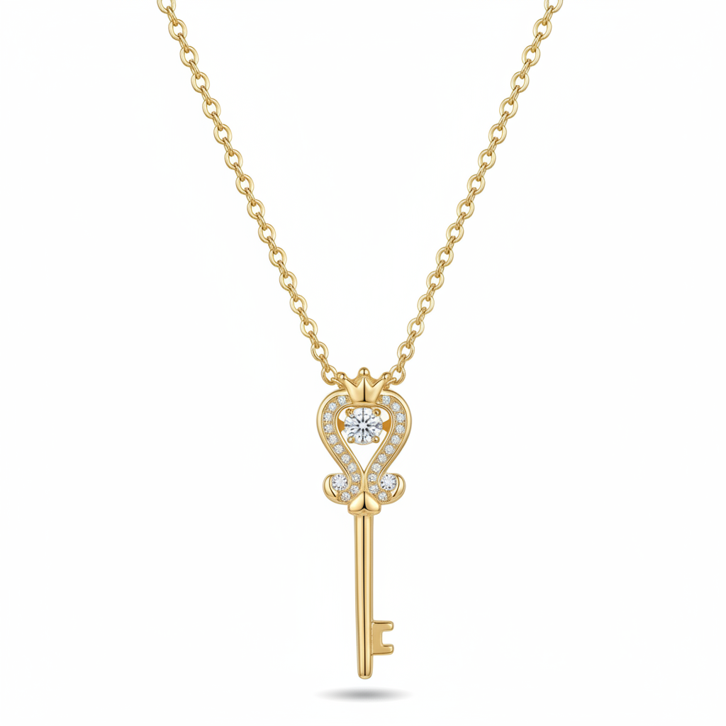 Crown Heart Key Pendant Necklace | Copper CZ | Stainless Steel Chain
