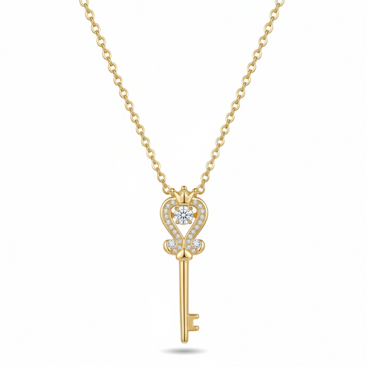 Crown Heart Key Pendant Necklace | Copper CZ | Stainless Steel Chain