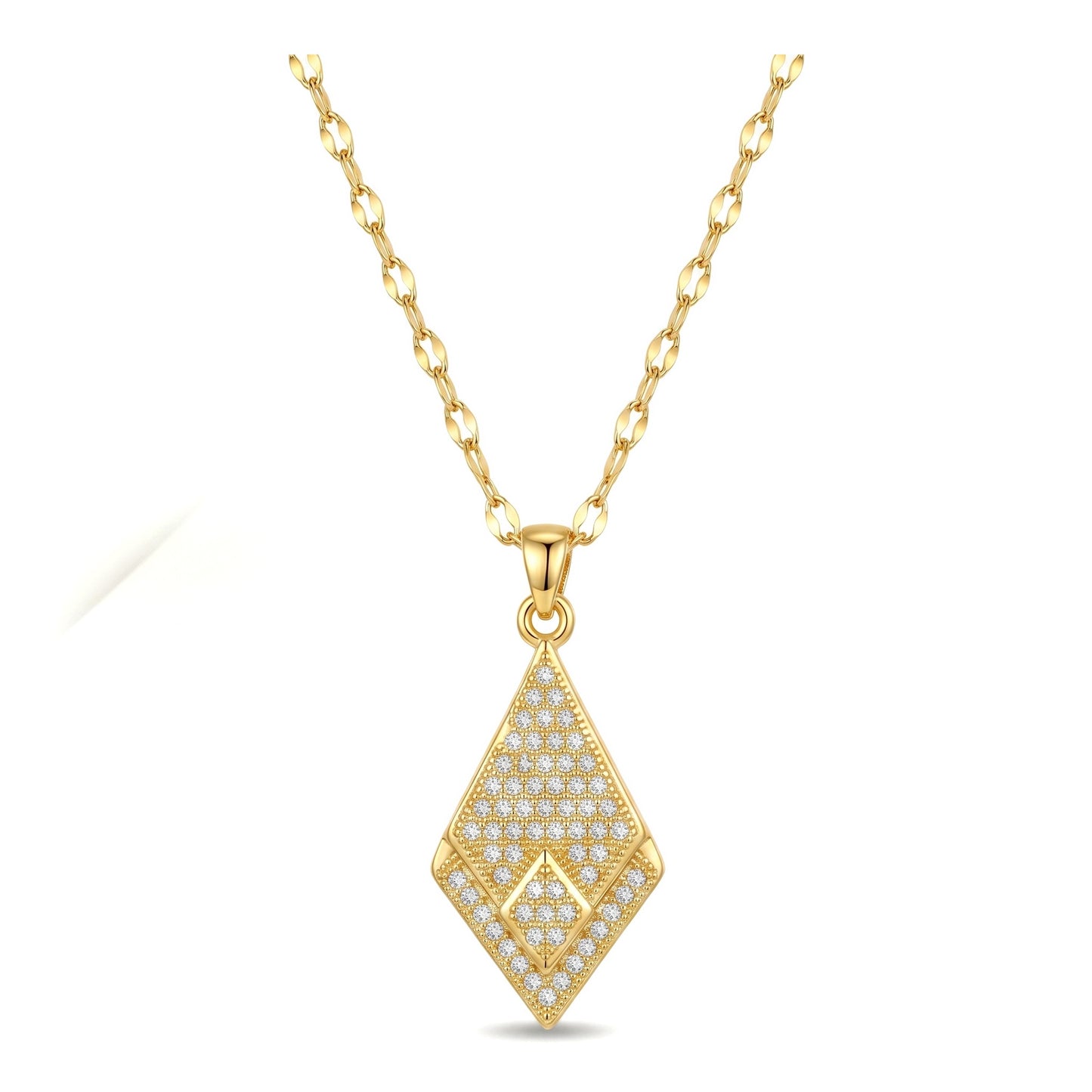 Gold Diamond-Shape Pave CZ Pendant Necklace | Stainless Steel Chain| Brass Pendant