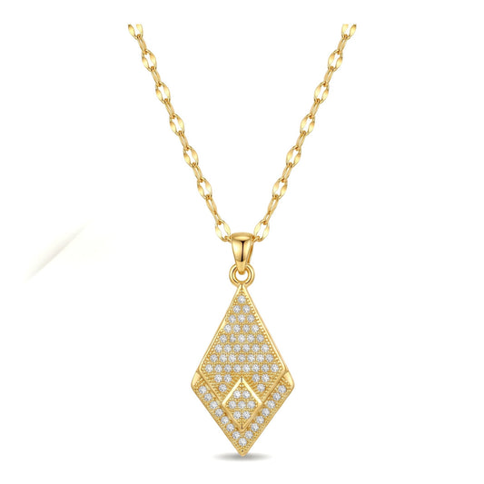 Gold Diamond-Shape Pave CZ Pendant Necklace | Stainless Steel Chain| Brass Pendant