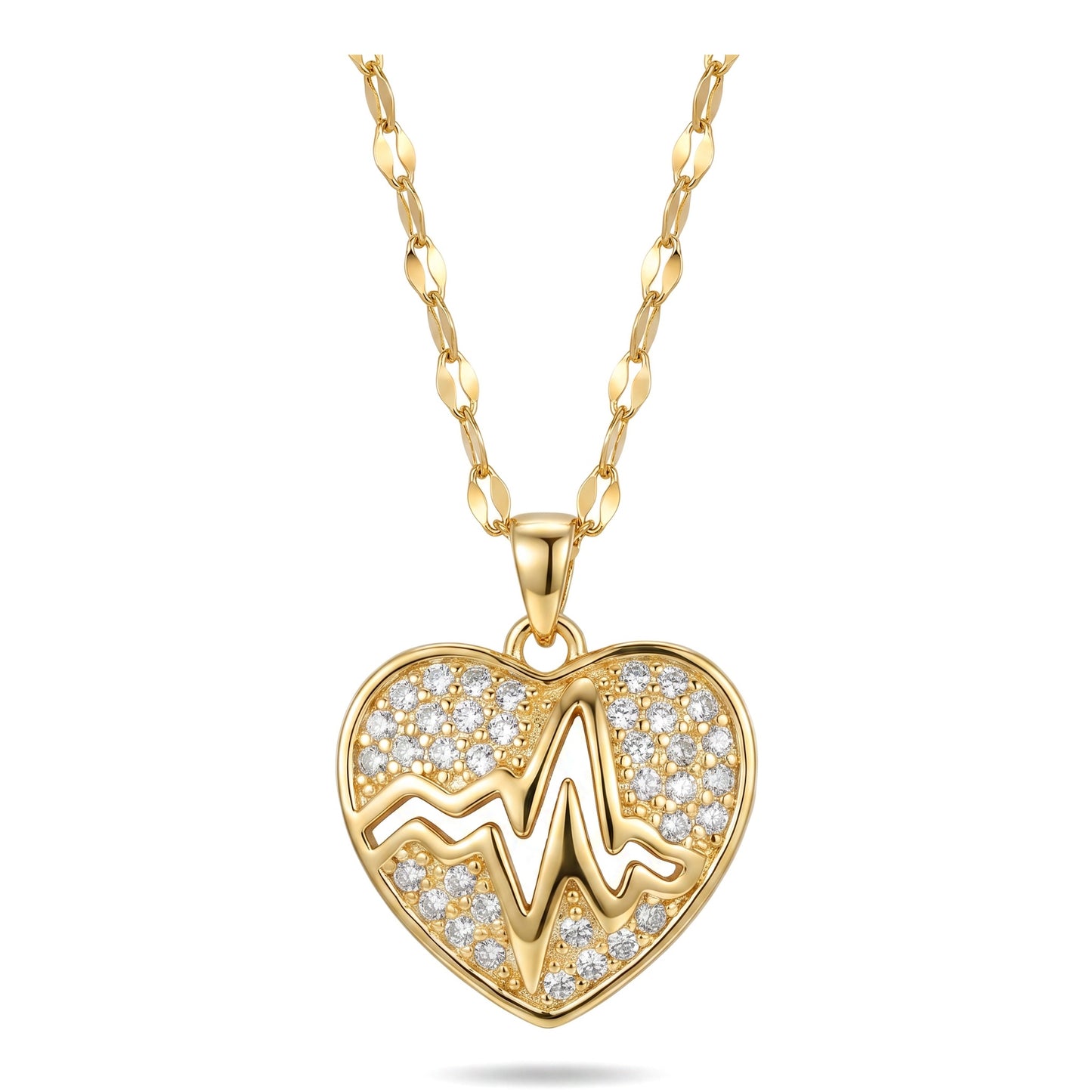 CZ Heartbeat Heart Pendant Necklace | Stainless Steel Chain