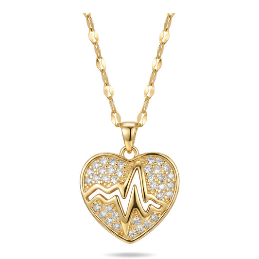 CZ Heartbeat Heart Pendant Necklace | Stainless Steel Chain