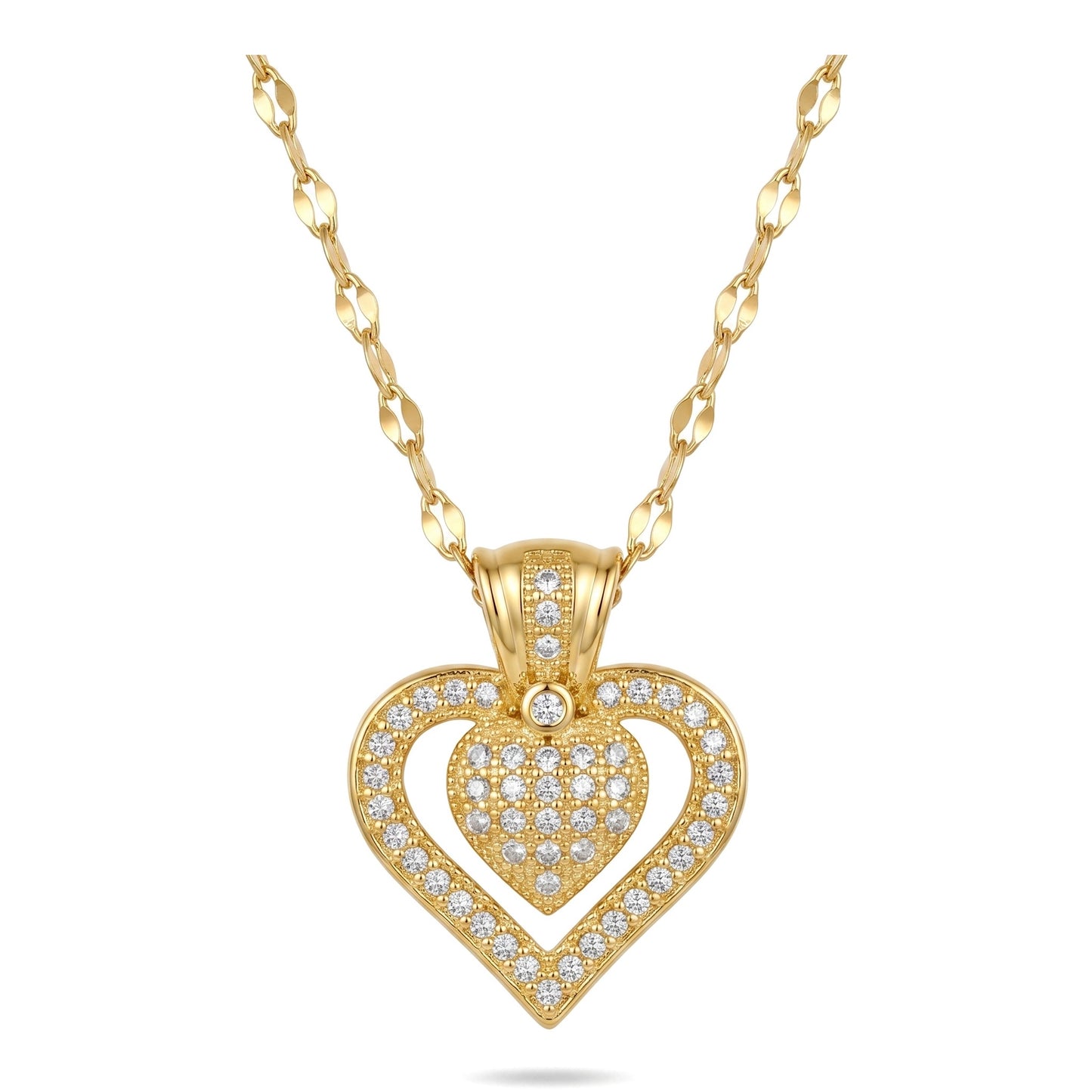 18K Gold Plated Double Heart CZ Pendant Necklace Stainless Steel Chains