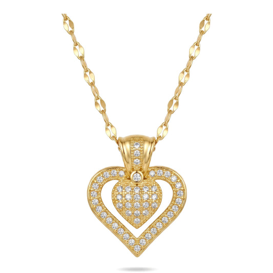18K Gold Plated Double Heart CZ Pendant Necklace Stainless Steel Chains