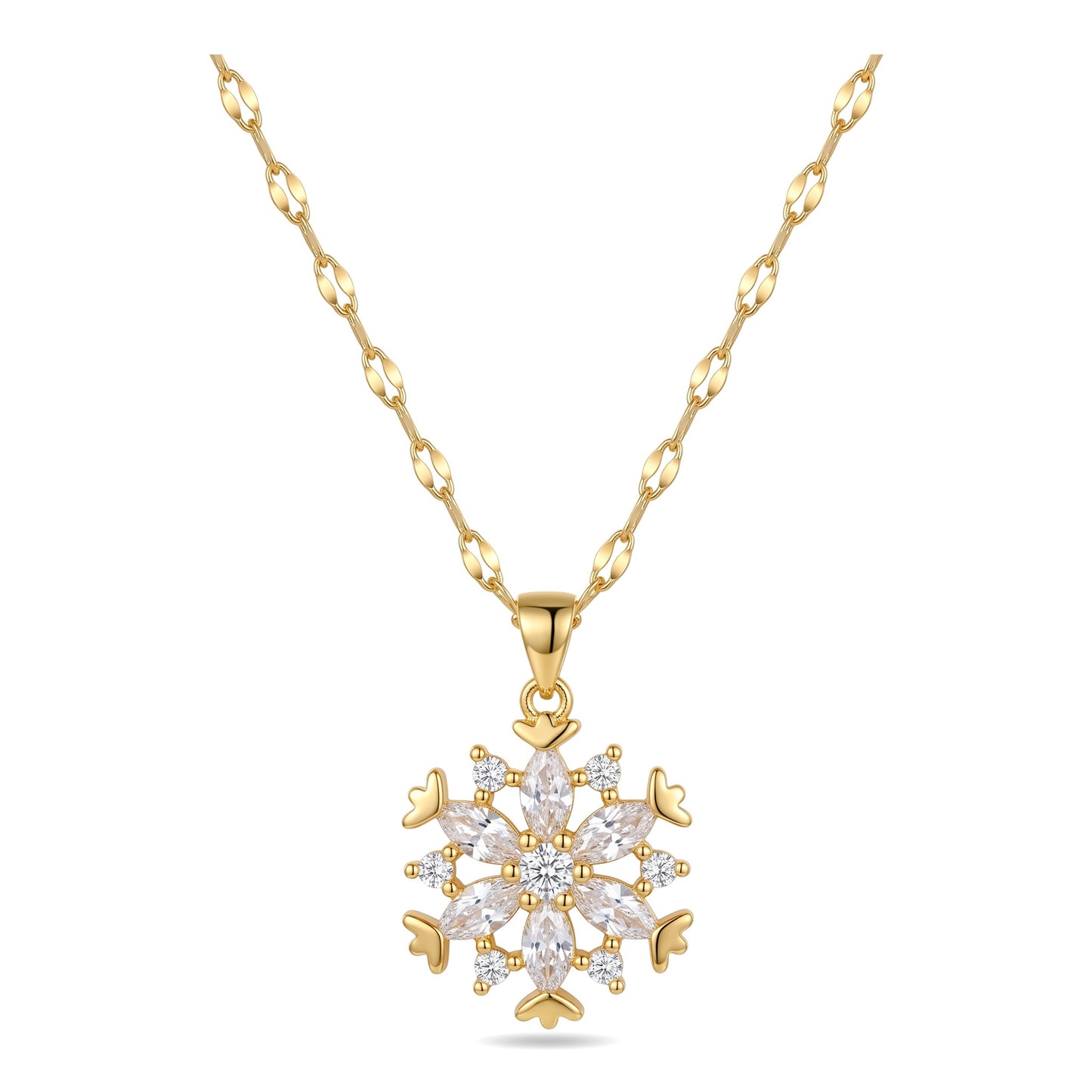 Gold Snowflake CZ Pendant Necklace | Stainless Steel Chain