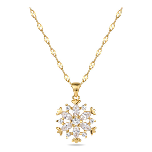 Gold Snowflake CZ Pendant Necklace | Stainless Steel Chain