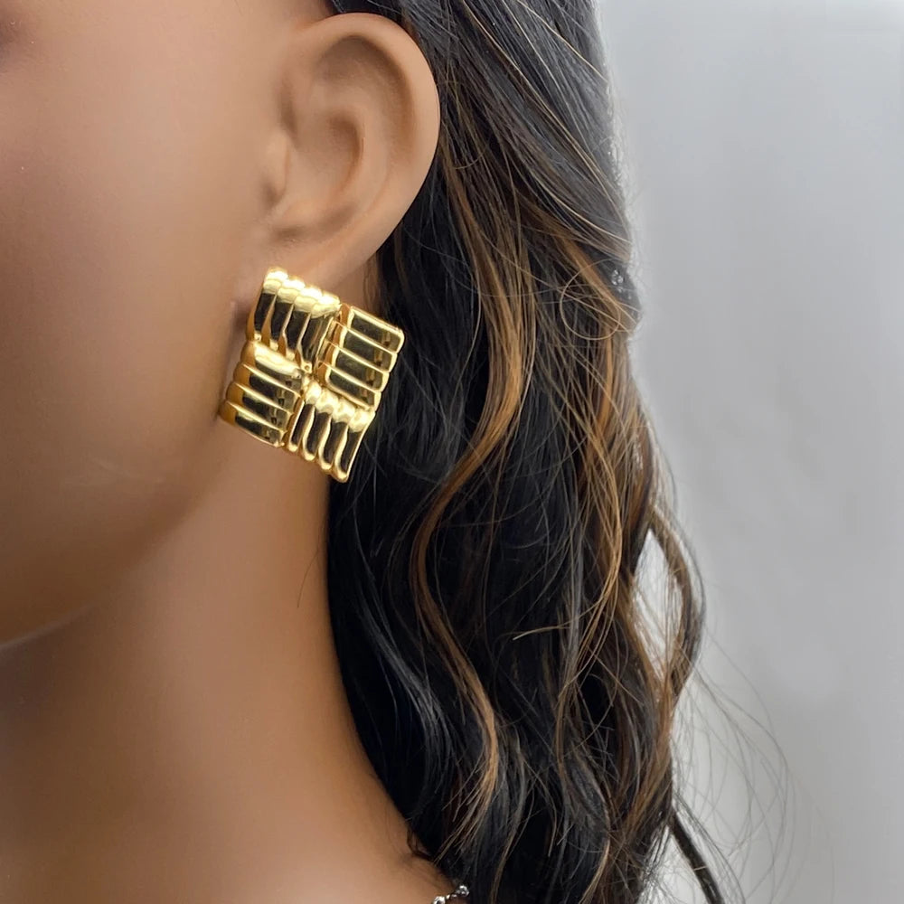 Gold Ribbed Square Grid Stud Earrings | Waterproof Stainless Steel