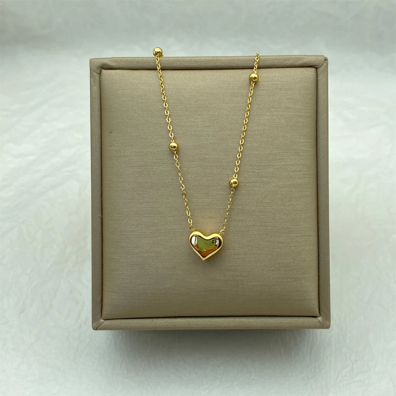 Heart Pendant Beads Chain Stainless Steel Necklace for Women