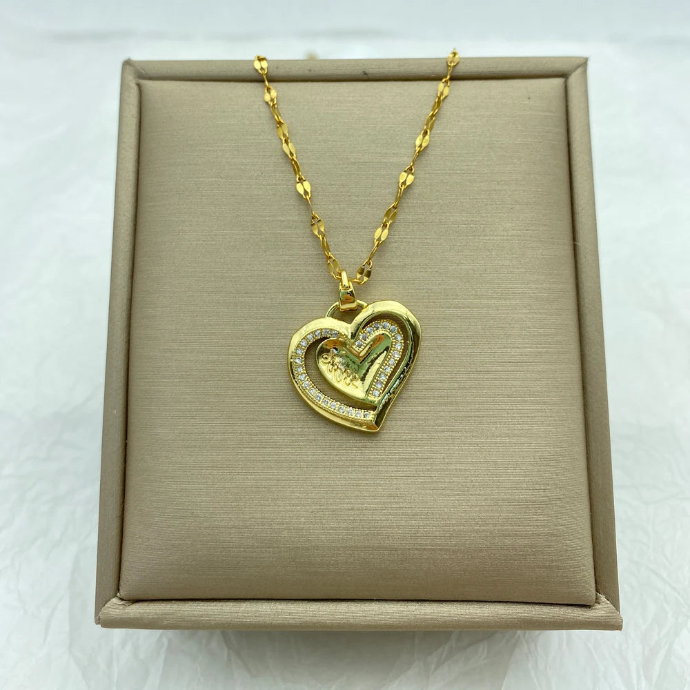 Double Layer CZ Heart Pendant Necklace | 18K Gold Plated Stainless Steel
