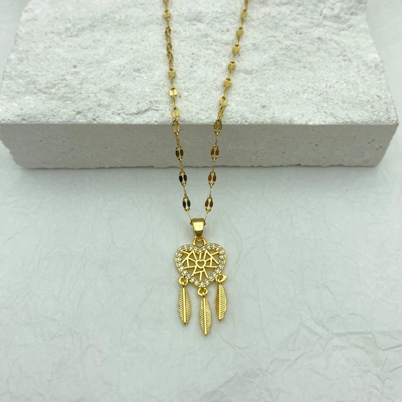 Gold Heart Dream Catcher Stianless Steel Necklace With Feather Charms