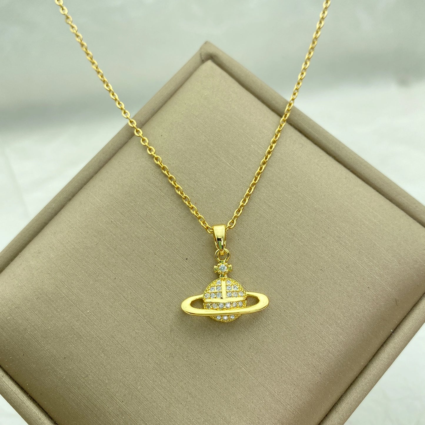 Gold Plated Stainless Steel O Chain Saturn-Pendant Necklace For Women