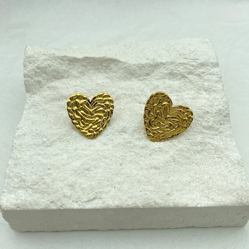 Puffy Textured Heart Stud Earrings | 18K Gold Plated Stainless Steel