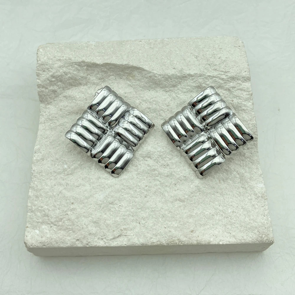 Gold Ribbed Square Grid Stud Earrings | Waterproof Stainless Steel