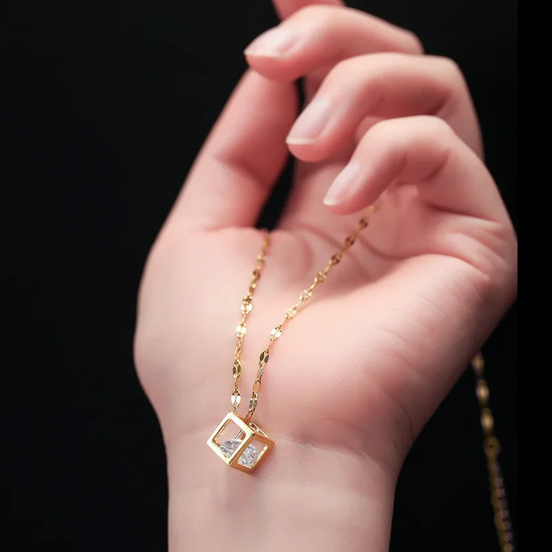 Hollow Cube Zirconia Pendant Necklace| Gold Plated Stainless Steel Chains
