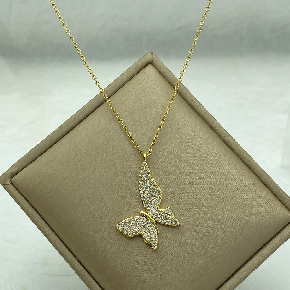 Stainless Steel Zirconia Butterfly Pendant Necklace For Women