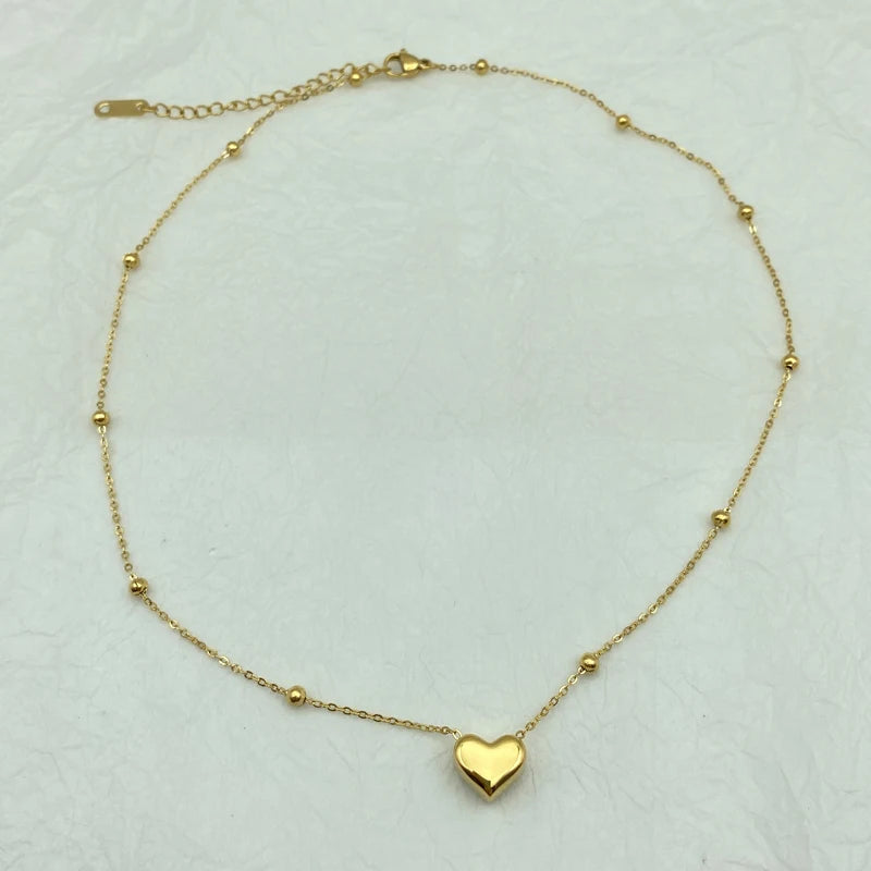Heart Pendant Beads Chain Stainless Steel Necklace for Women