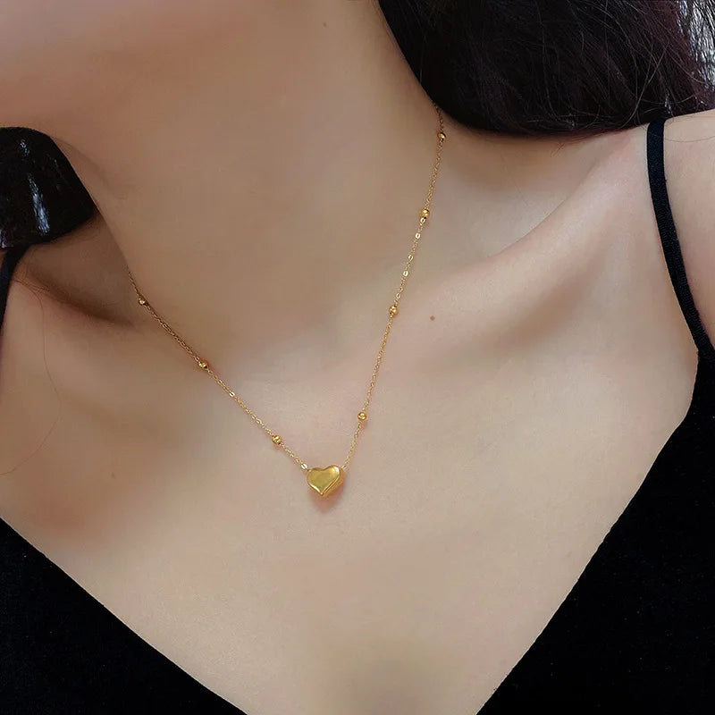 Heart Pendant Beads Chain Stainless Steel Necklace for Women