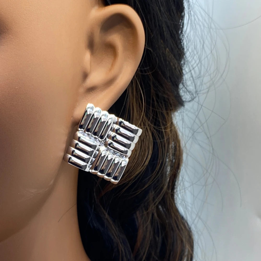 Gold Ribbed Square Grid Stud Earrings | Waterproof Stainless Steel