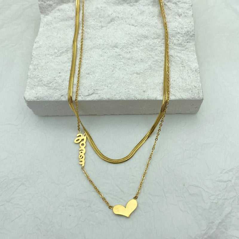 Snake Chain Multilayered Stainless Steel Necklaces For Women With Heart Pendant