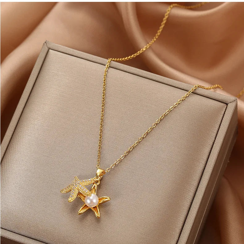 Starfish Pearl Pendant Necklace for Women 2020 Jewelry Titanium Steel O Chain Necklace Luxury Choker Korean Elegant Wholesale