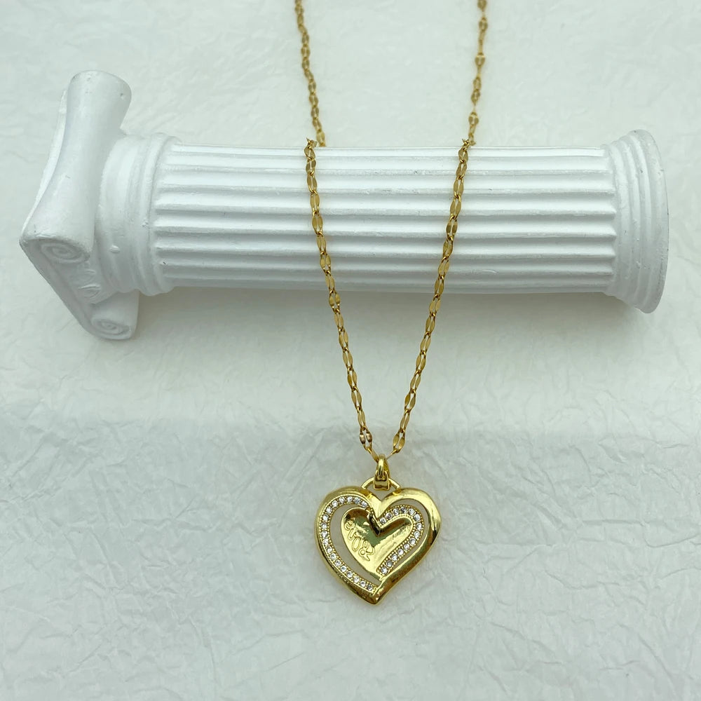 Double Layer CZ Heart Pendant Necklace | 18K Gold Plated Stainless Steel
