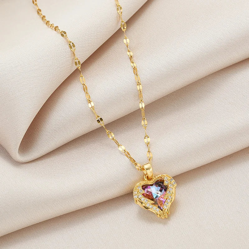 Gold Plated Heart Pendant Necklace for Women Jewelry Titanium Steel Big Crystal Necklace Luxury Choker Korean Elegant Wholesale