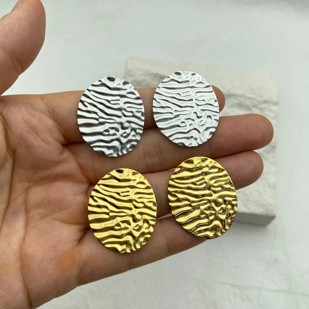 Textured Wave Oval Stud Earrings | Gold Plated Stainless Steel |
