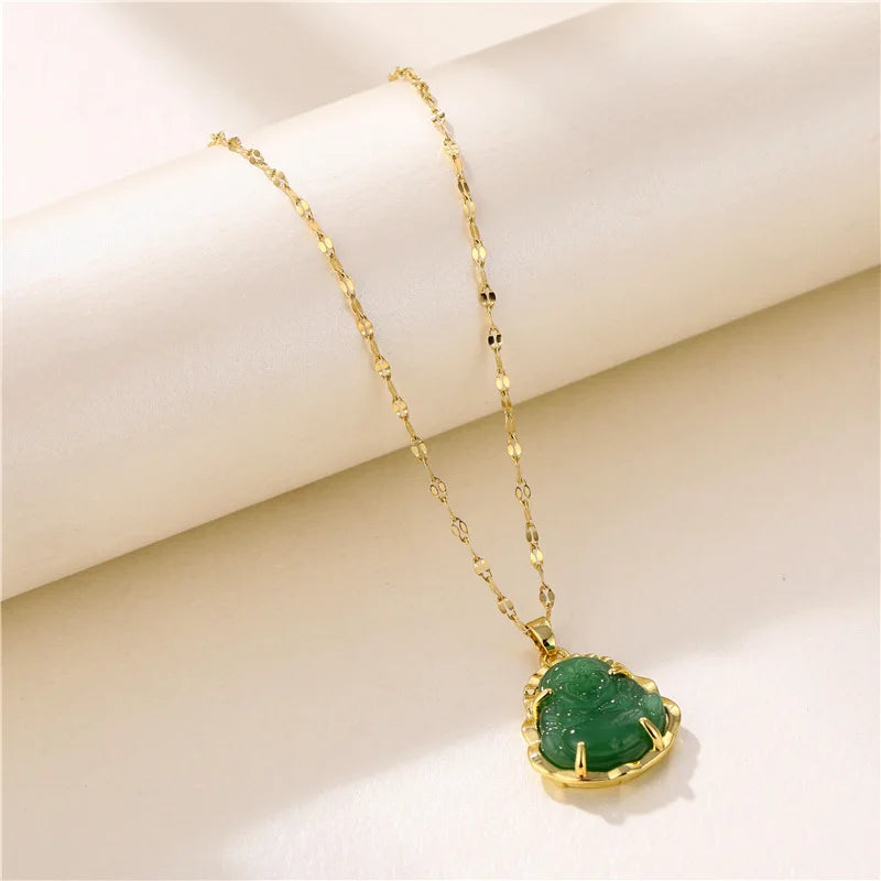 Green Jade Buddha Pendant Necklace | 18K Gold Plated Stainless Steel