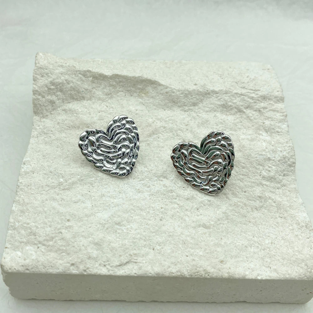 Puffy Textured Heart Stud Earrings | 18K Gold Plated Stainless Steel