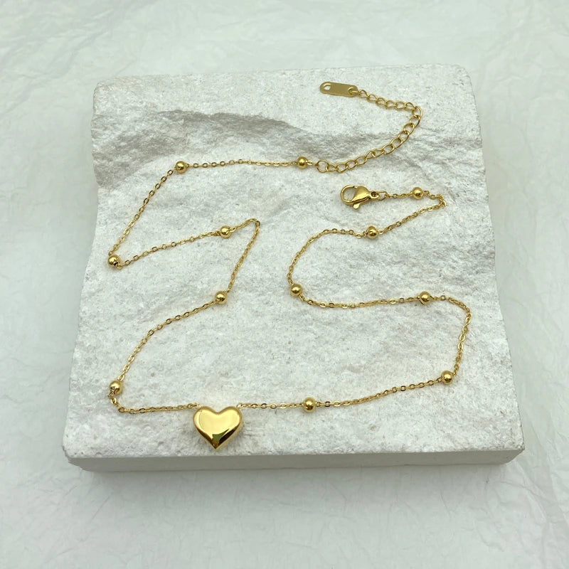 Heart Pendant Beads Chain Stainless Steel Necklace for Women