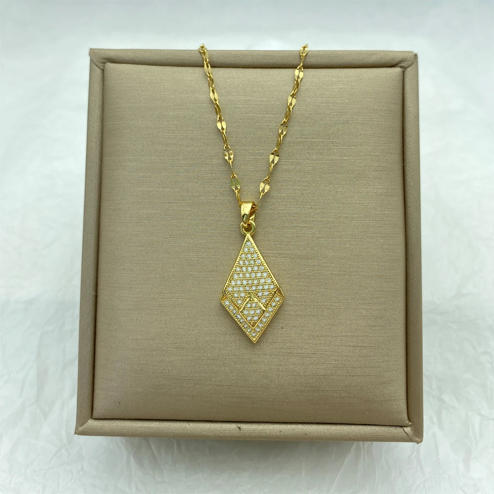 Gold Diamond-Shape Pave CZ Pendant Necklace | Stainless Steel Chain| Brass Pendant