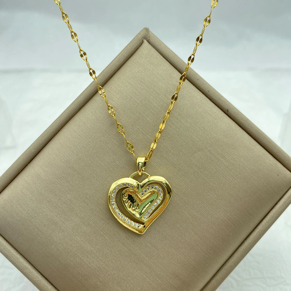 Double Layer CZ Heart Pendant Necklace | 18K Gold Plated Stainless Steel