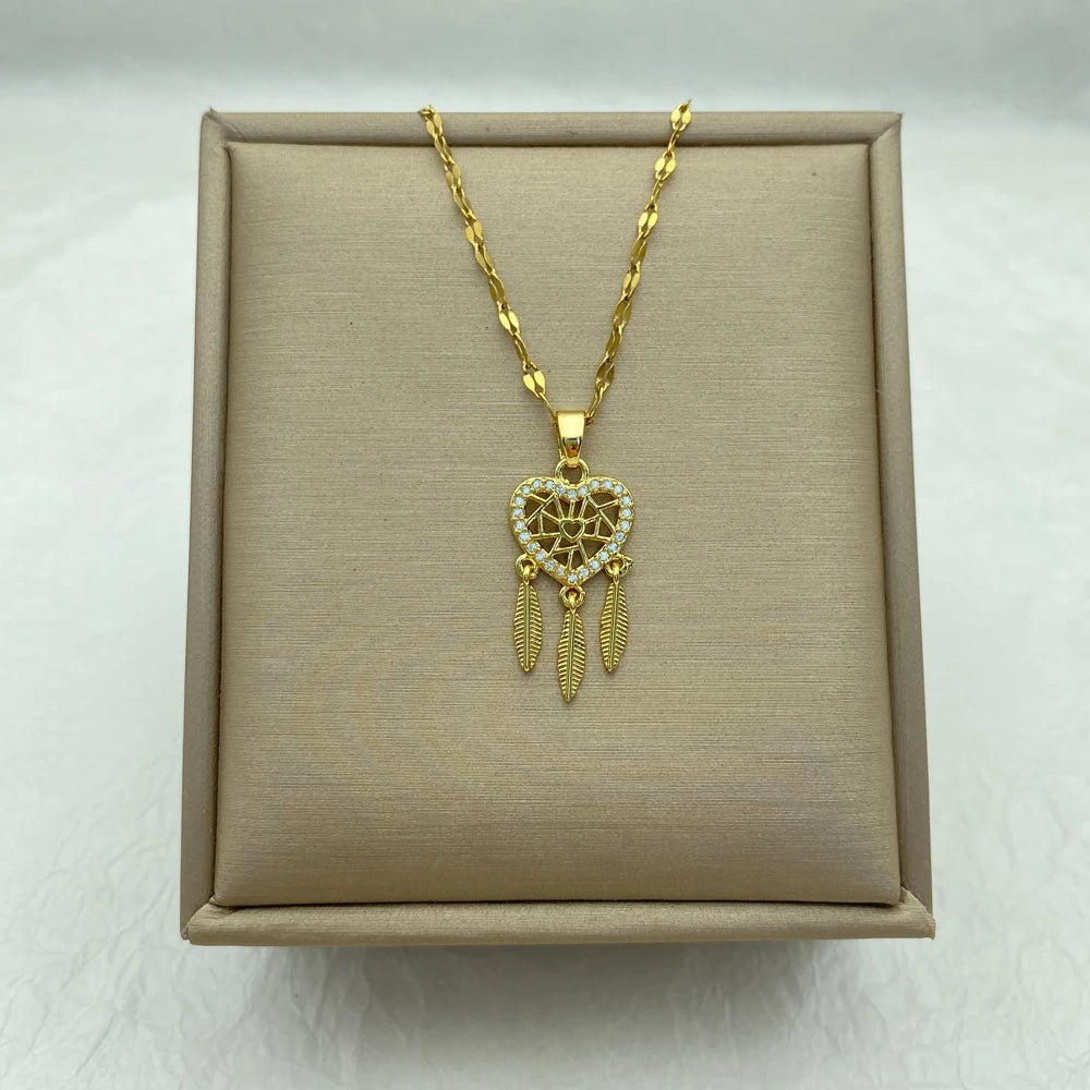 Gold Heart Dream Catcher Stianless Steel Necklace With Feather Charms