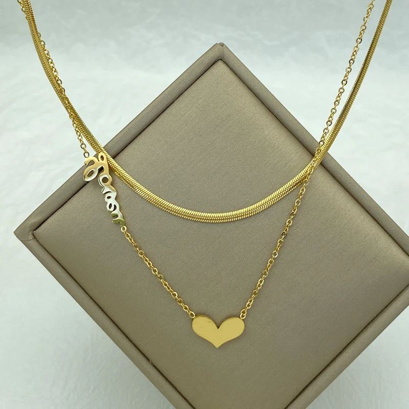 Snake Chain Multilayered Stainless Steel Necklaces For Women With Heart Pendant