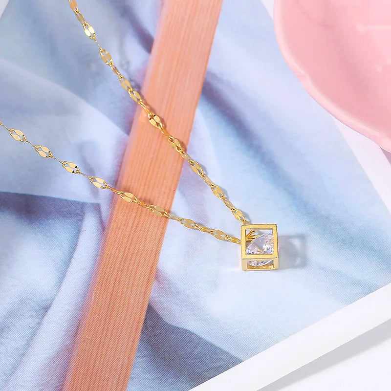 Hollow Cube Zirconia Pendant Necklace| Gold Plated Stainless Steel Chains