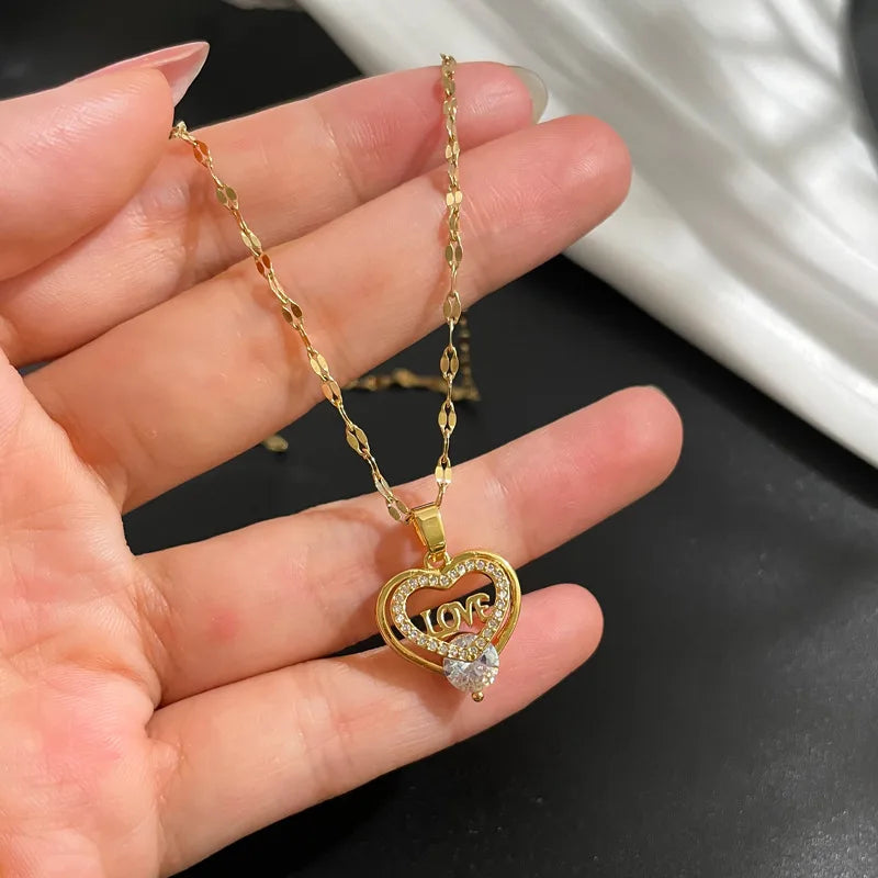 Gold LOVE Heart CZ Pendant Necklace| Stainless Steel Chain | Brass Pendant
