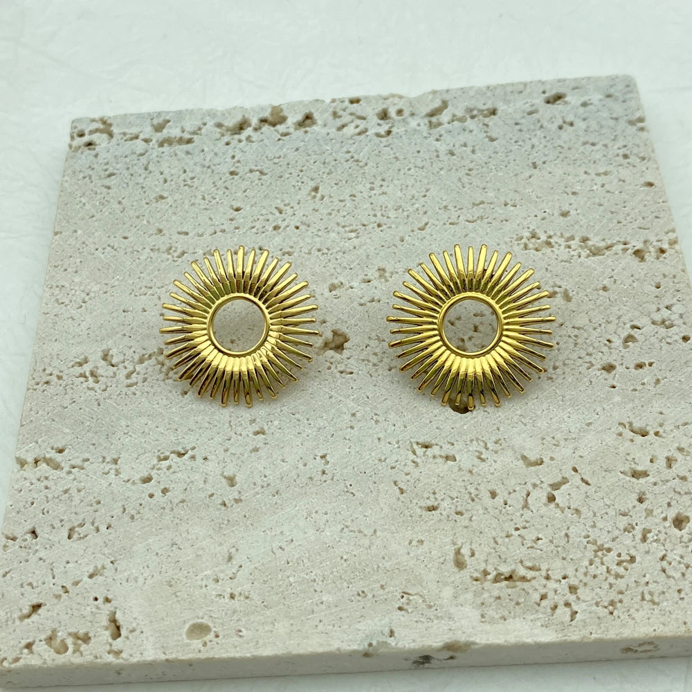 Sunburst Circle Stud Earrings| 18K Gold Plated Stainless Steel