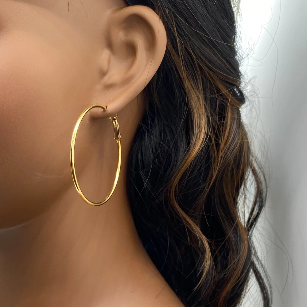 Non Tarnish Waterproof Quality Fashion Jewelry 18K Gold Plated Stainless Steel Big Hoop Earrings For Women