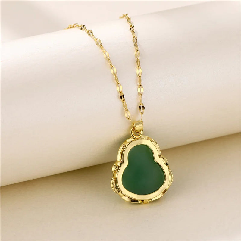Green Jade Buddha Pendant Necklace | 18K Gold Plated Stainless Steel