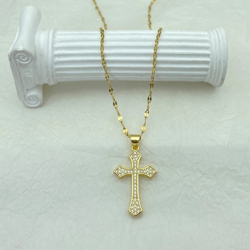 18K Gold Plated Stainless Steel Zircon Cross Pendant Necklace For Women
