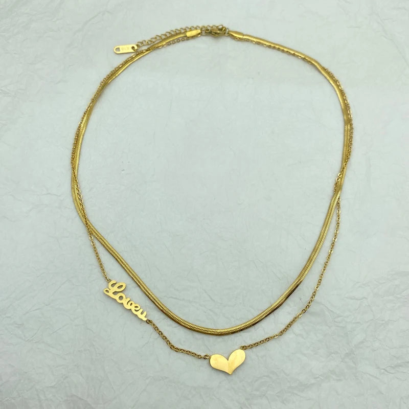 Snake Chain Multilayered Stainless Steel Necklaces For Women With Heart Pendant